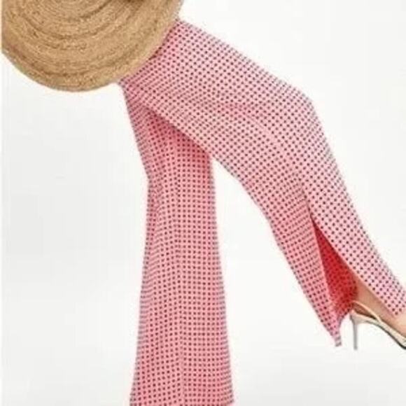 Zara Pink Polka Dot Wide Leg Side Slit Trouser Pants Womens Size XS - Picture 1 of 10